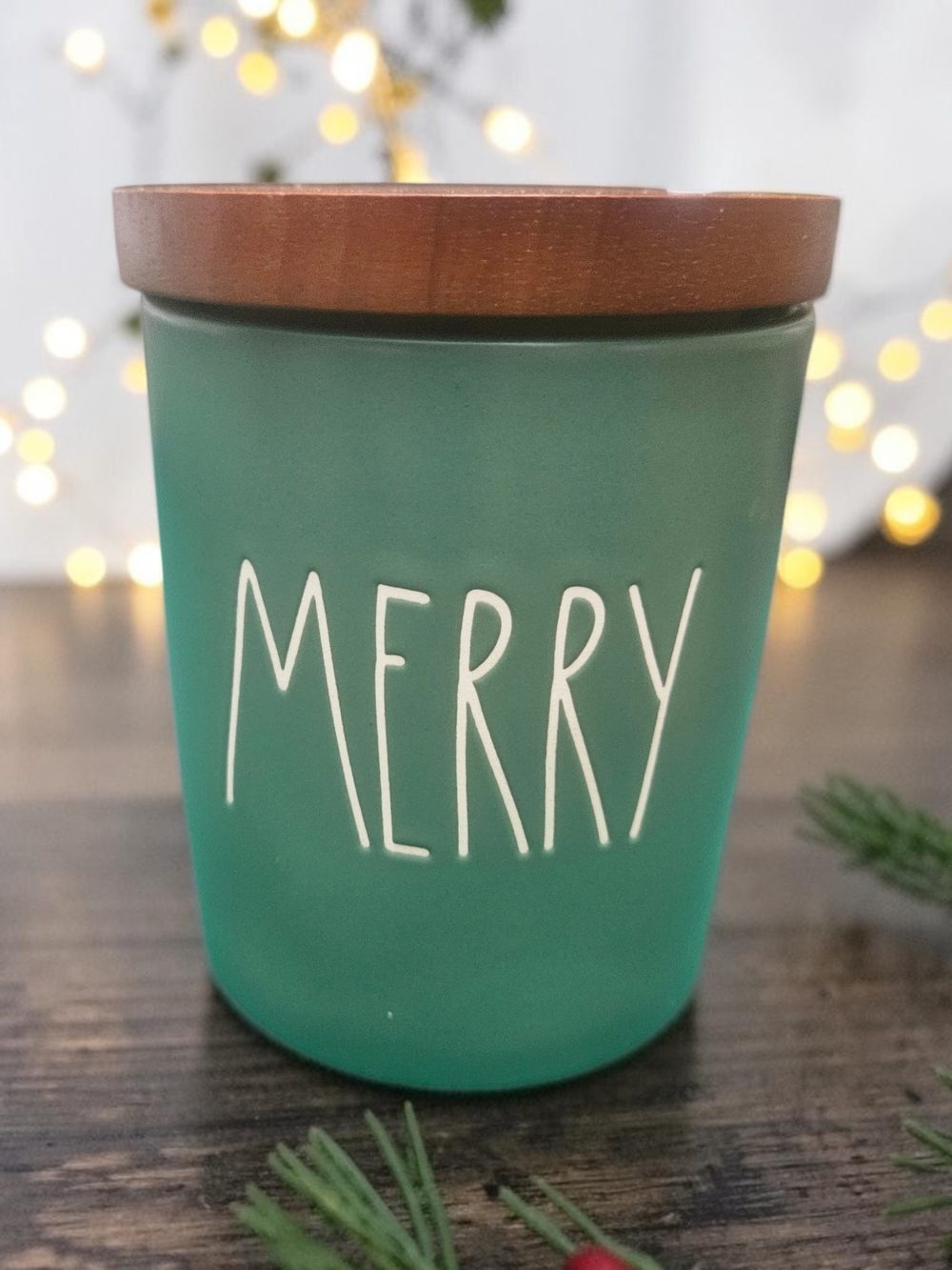 Rae Dunn MERRY Green Frosted Glass Cellar Canister Wood Lid Christmas Decor